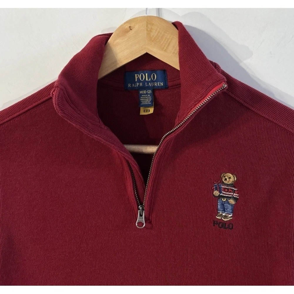 Boys Polo Ralph Lauren 1/4 Zip Ribbed Pullover Christmas Bear Sz Med 10-12